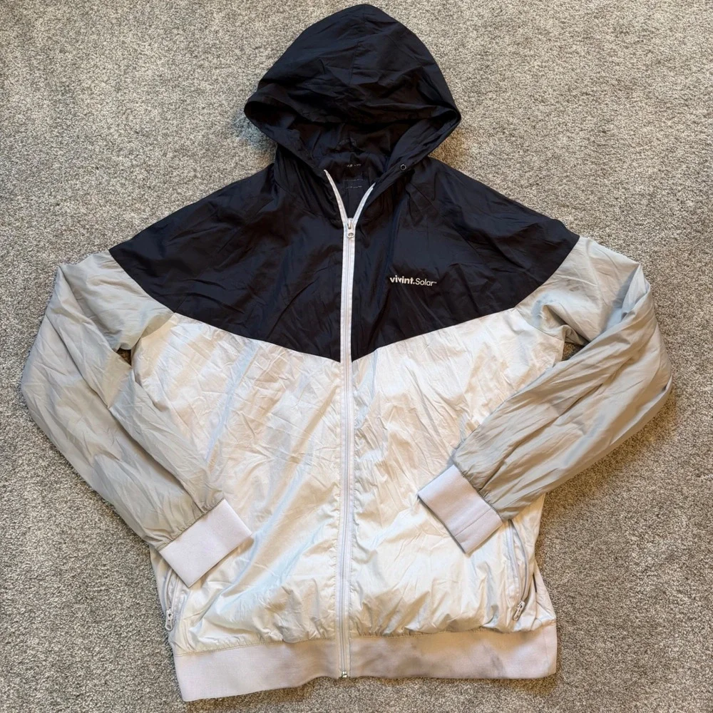 Vivint Solar Mens Colorblock Full Zip Hooded Windbreaker Jacket Black Grey White